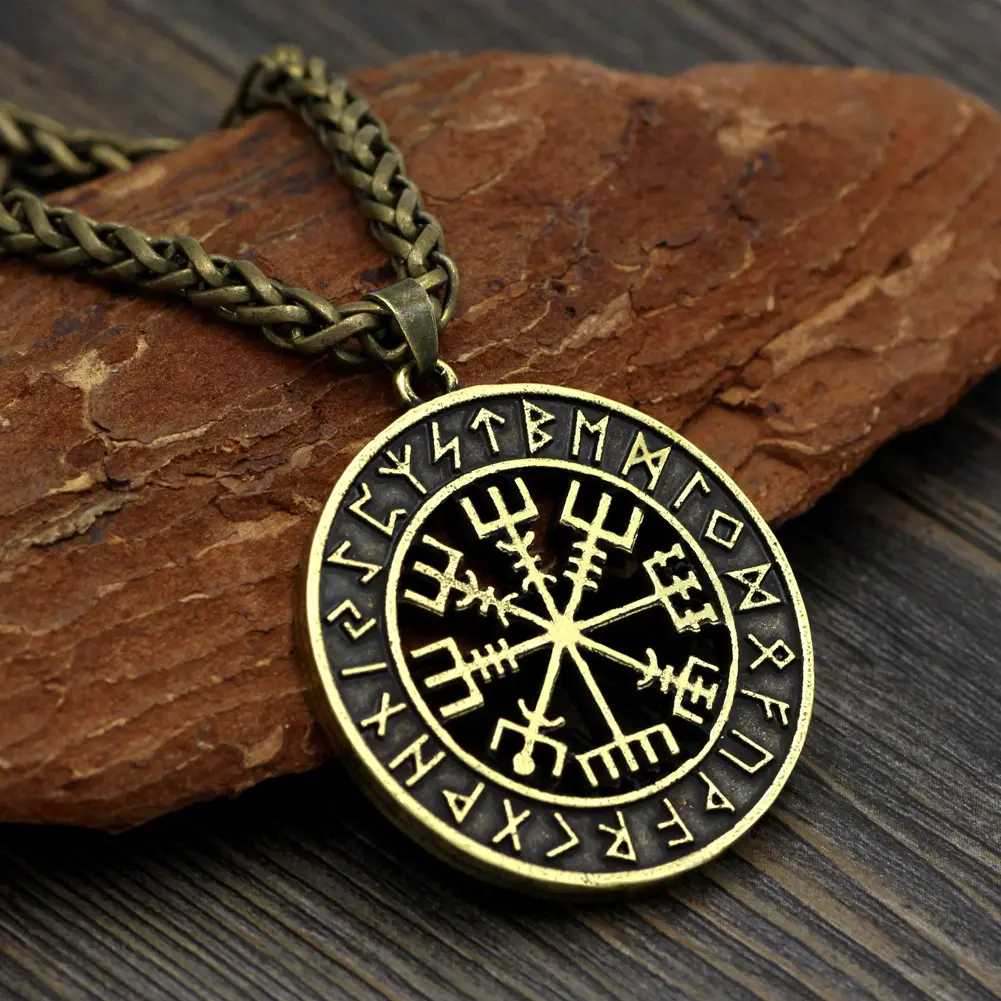 Retro Style Nordic Viking Runavin Odin Logo Compass Pendant Necklace, Long Hipster Artificial Gemstone Jewelry Accessory, Birthday, Casual, Valentine's Day, Unisex, Metal Coating