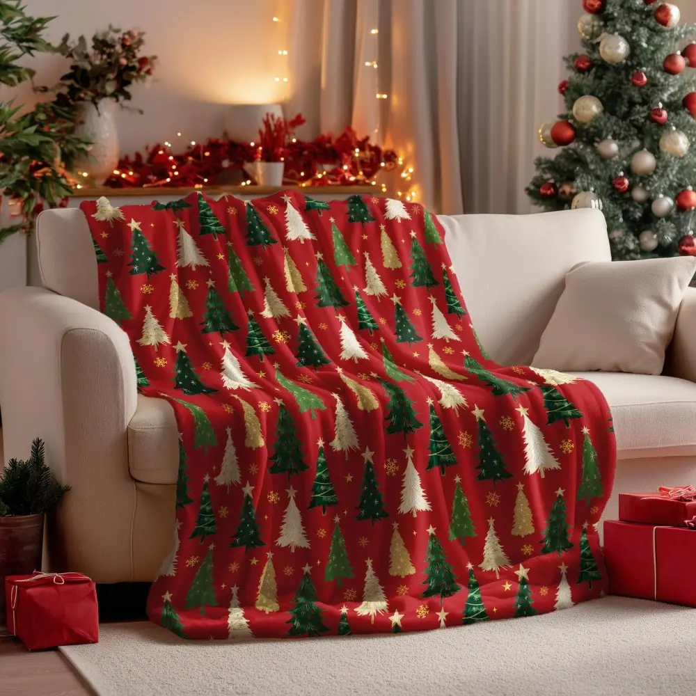 Festive Red Christmas Tree Blanket Cozy Flannel Throw With Plush Fleece Perfect For Holiday Snuggling By The Fireside Creates Warm Christmas Magic In Your Living Space Soft Comfort For Seasonal Joy