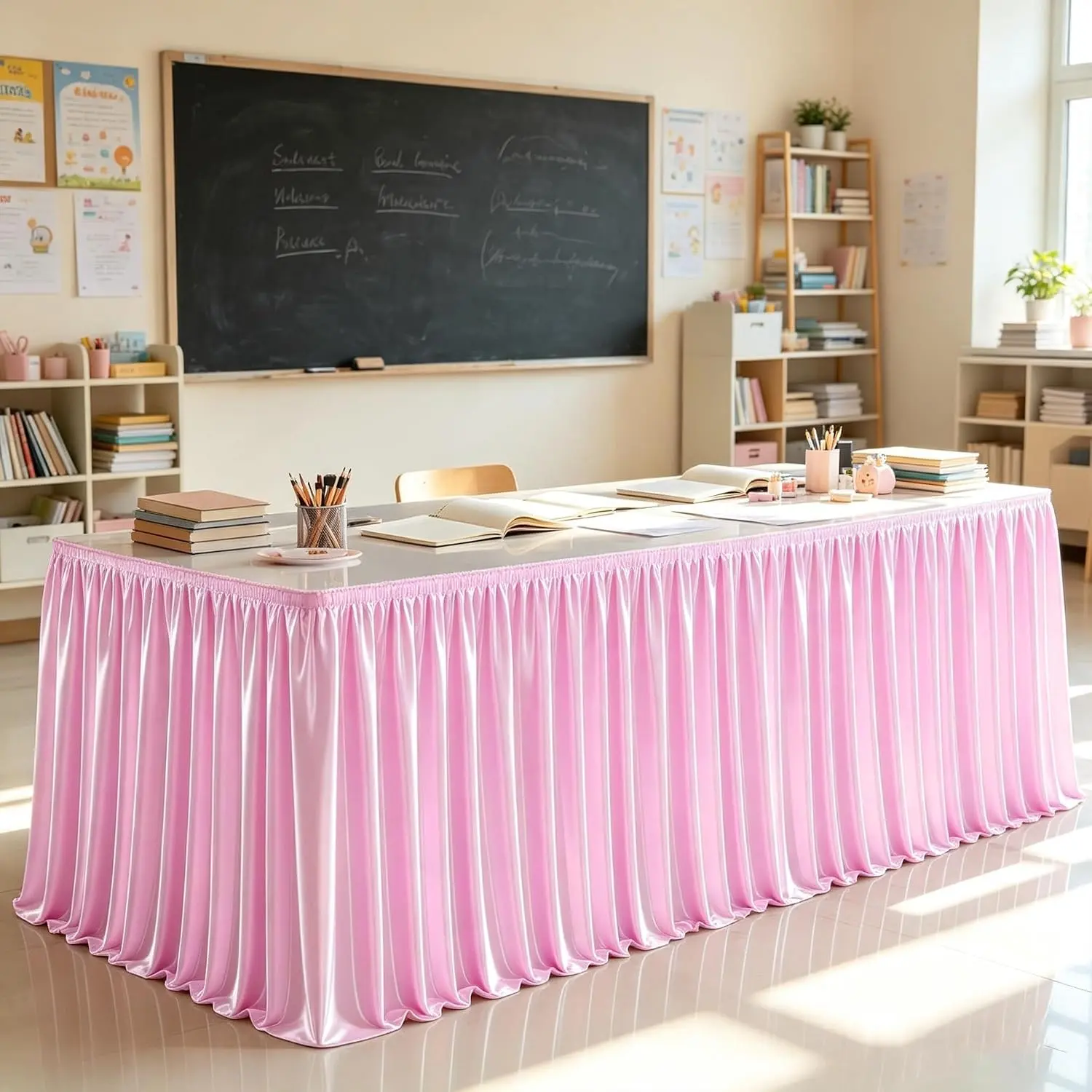 Pink Glitter Satin Table Skirt - Shiny, Smooth, Classic Pleated Ruffle, Wrinkle-Free for 6ft/9ft Rectangle Surfaces, Instant Table Glam Holiday & Wedding Decoration, Home Essential, Back to School, Soho Chic