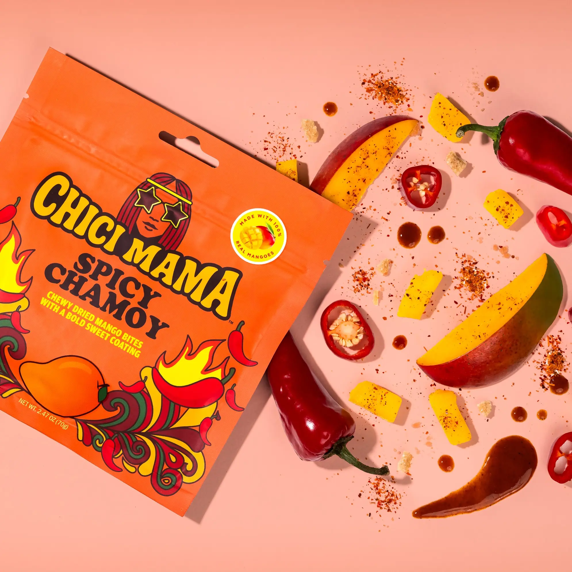 Chici Mama Chewy Spicy Chamoy Dried Mango Snack - 100% Real Dried Fruits, Unique Savory Better-For-You Sweet & Spicy Novelty Candy Foods Treat