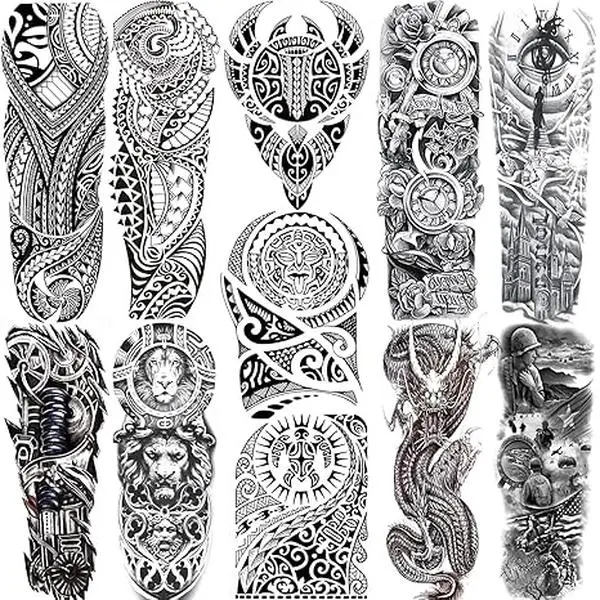 11 Sheets Maori Temporary Tattoo Sleeve For Men Adults Tiki Turtle Manta Waterproof Fake Tattoo Sleeves For Women Black Dragon Totem Tribal Military Long Full Sleeve Tattoos Temporary Stickers