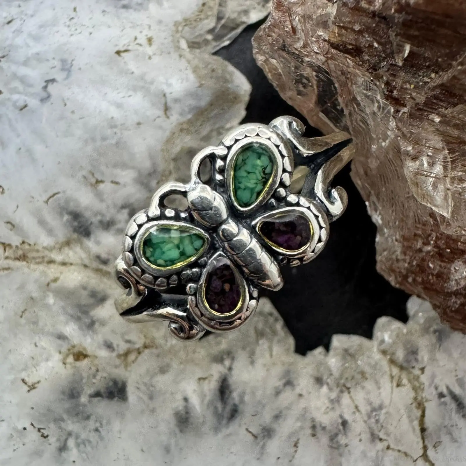 Carolyn Pollack Sterling Silver Turquoise & Amethyst Chip Inlay Butterfly Ring For Women