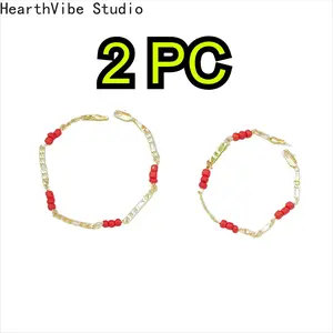 2PC Exquisite 14k Gold Plated Wine Red Natural Garnet Beaded Bracelets for Women Female Lucky Fashion Jewelry Christmas Gifts SpringStatements,Birthday Day Gift Graduation Jewelry of Love