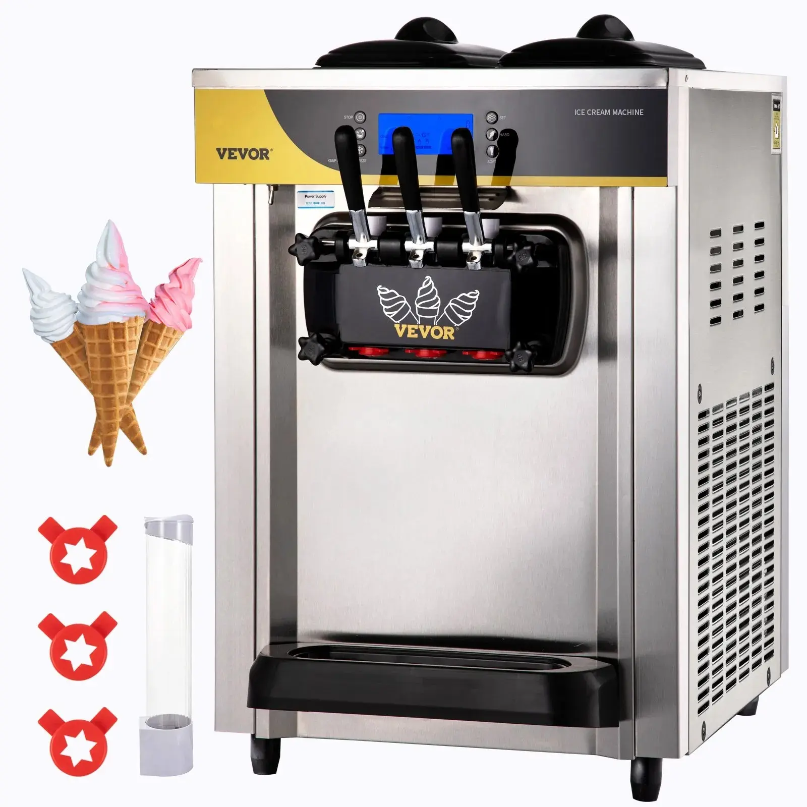 【Summerfinds】VEVOR 2200W Fast Churn Commercial Silver Soft Serve Ice Cream Maker, Countertop Model with 2x6L Hoppers, 2L Cylinder, LCD Panel, Puffing Shortage Alarm, 22-30L/H Yield, for Restaurant, Snack Bar Commercial Use Frozen Dessert Making