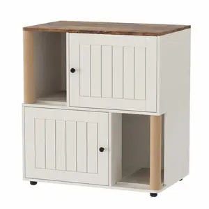 Double Cat Litter Box Enclosure Furniture with Scratching Post, 2-in-1 Hidden Litter Box Cabinet with Litter Mat, Large Litter Box Enclosure for 2 Cats, Slotted Door-White