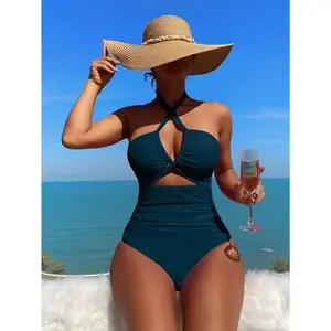 Women's Bamboo Fiber Water-Resistant Criss Cross Neck Cutout Back Slim-Fit Beachswimsuit, Vibrant Orange Trendy Monokini Swimsuit for Summer Beach Vacation Sports & Outdoor Use, Beachswimsuits, Criss Cross Swimsuit, Cutout Swim Suit