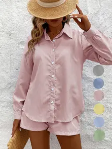 Women's Striped Two-Piece Set, Loose Long Sleeve Shirt & Drawstring Shorts, Breathable Fabric for Morning Run/walk/casual Outing, Comfortable Fit