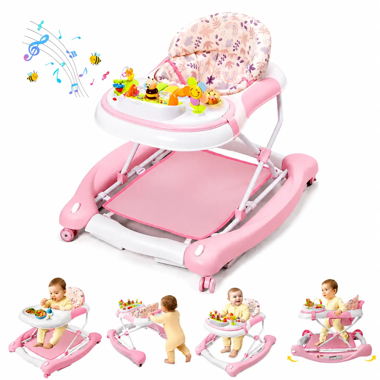 Lerrutue 5 in 1 Baby Walker With Bouncer, Music and Lights Foldable Baby Walker with Wheels, 3 Adjustable Heights, with Bouncer Combo, Rocker, Activity Walker for Baby Boy and Girl 6-18 Months