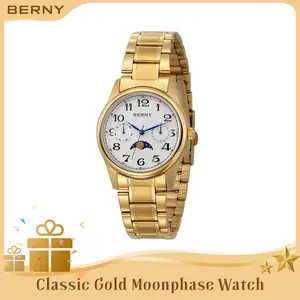 BERNY Gold Watch for Women Moon Phase Watches Ladies Quartz Wristwatch Arabic Numerals Dial Multi-Function Analog Watches Stainless Steel Case Sub-dail with Date Day Calendar, Reloj de Mujer, Fashion Summer Accessories