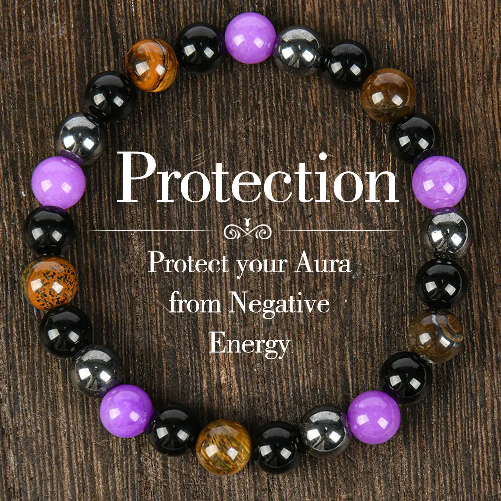 1pc Natural Tiger Eye & Amethyst Beaded Bracelet, Elastic Protection Crystal Bracelet For Men And Women, Unscented Solid Jewelry Gift Black Onyx Crystal bracelet, Unisex