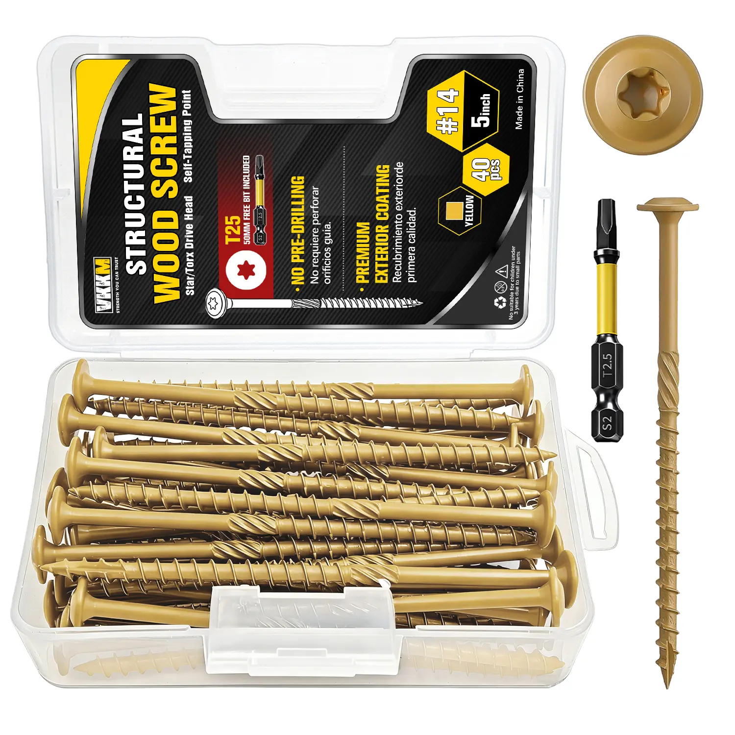 VKKM #14 x 5 Inches Carbon Steel Construction Lag Screws, 40 Heavy-Duty Structural Wood Screws, T30 Star Drive Anti-Rust Coated Bolts (1000-Hour Salt Spray Test) with Free T30 Bit for Outdoor Patio, Fence, Framing