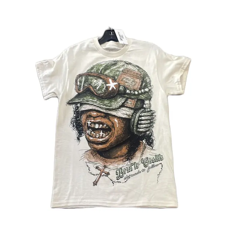 Men's Tan/Cream Graphic Tee Shirt with Unique Military Helmet Design