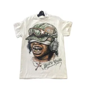 Men's Tan/Cream Graphic Tee Shirt with Unique Military Helmet Design