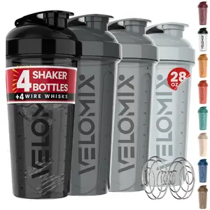VELOMIX 4-Pack 28oz Protein Shaker Water Bottles - Leak-Proof, BPA-Free, Dishwasher Safe, Easy-Flip Lid, Wire Whisk, Car Holder Fit Gym Accessories for Workout Protein Mixes
