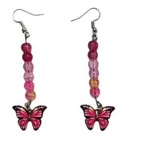 Dangle Butterfly Bead Earrings with Pink and Black Beads and Enamel Butterfly Charm for Women