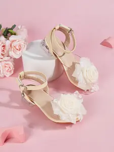 2026 Spring New Girls High Heels, Comfortable Lace Flower Design, PU Leather Upper, Rubber Sole, Elegant Fashion Strapy Sandals, Fashionable Comfy Sandals