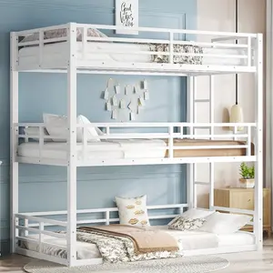 White Metal Triple Bunk Bed with Safety Guardrails - Heavy-Duty Frame & Noise-Reduced Design for Small Spaces/Guest Rooms/Dormitories