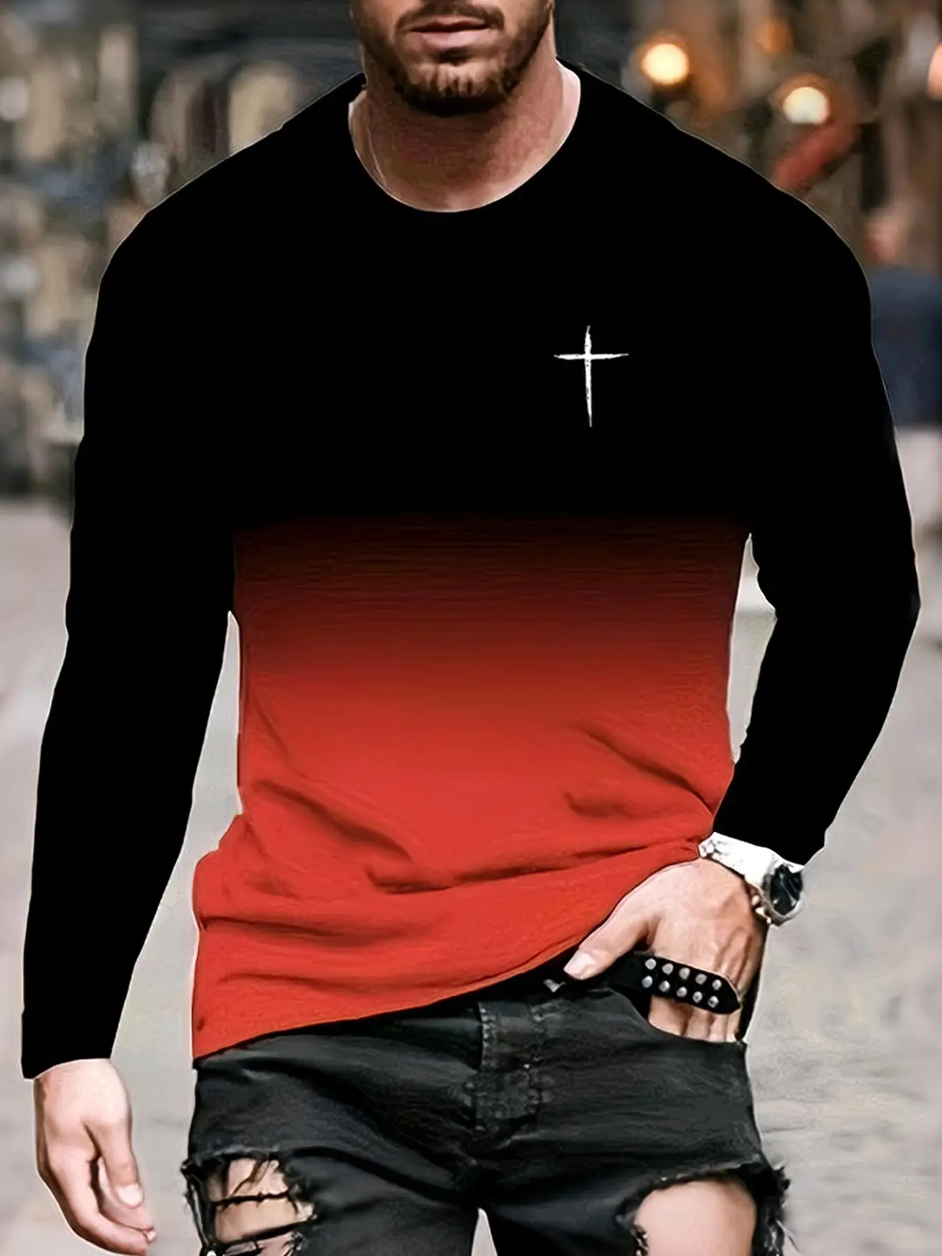 Men's Casual Streetwear Top Long Sleeve Fitted Crewneck T-Shirt, 3D Gradient Cross Printed, Soft Fabric, Available in to Turquoise, Spring & Fall