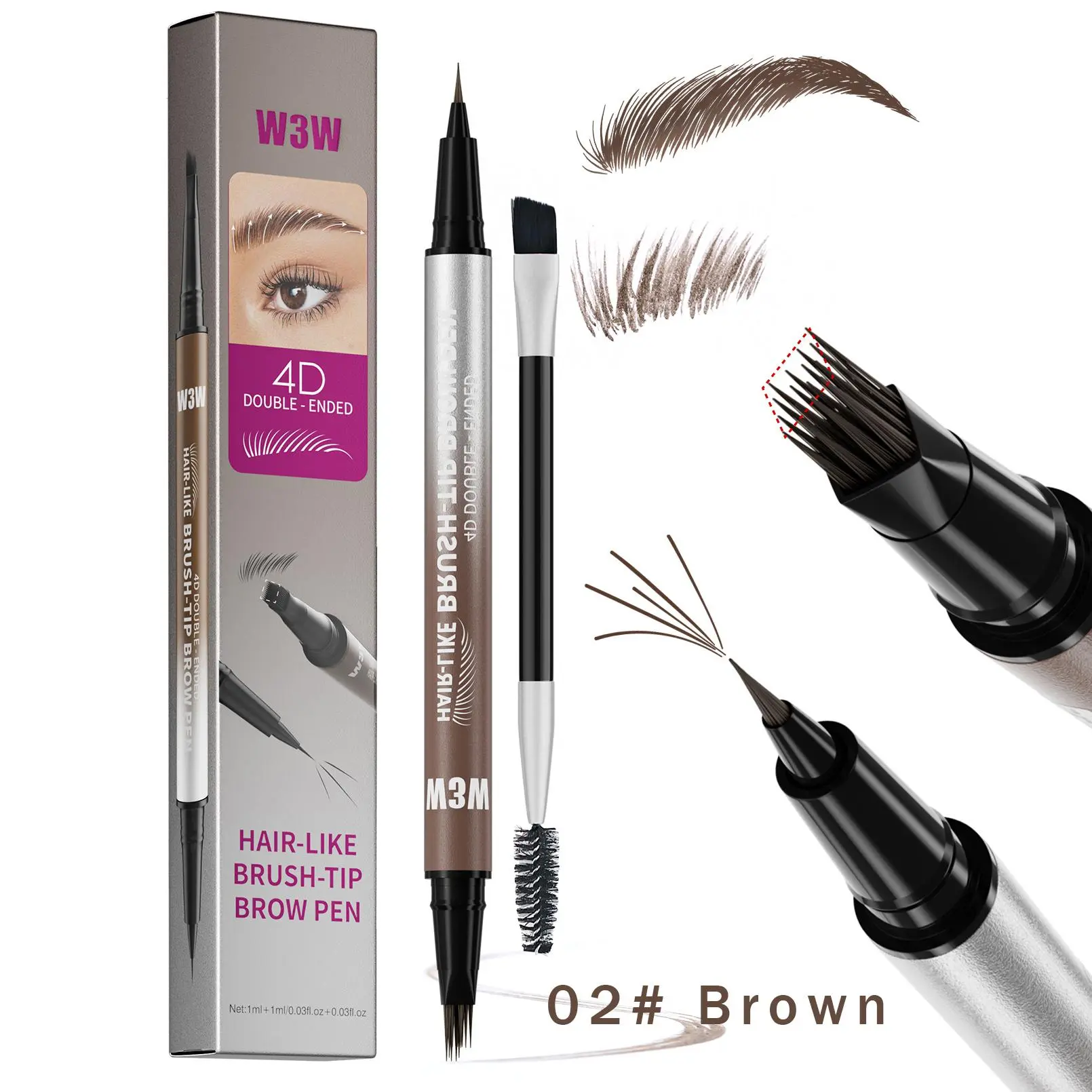 Original 4D Brush Tip Waterproof Microblading Eyebrow Pen, 2-in-1 Dual-Ended, Natural Hair-Like Strokes, Long-Lasting Eyebrow Pencil Black Eyebrow Makeup