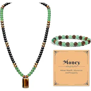 ChicBijoux S Money Necklace Bracelet Jewelry Set for Women Men Money Attraction Green Beaded Tiger Eye Feng Shui Good Luck Wealth Jade Healing Crystal Stone Long Sweater Chain Anniversary Vacation Jewelry Gifts