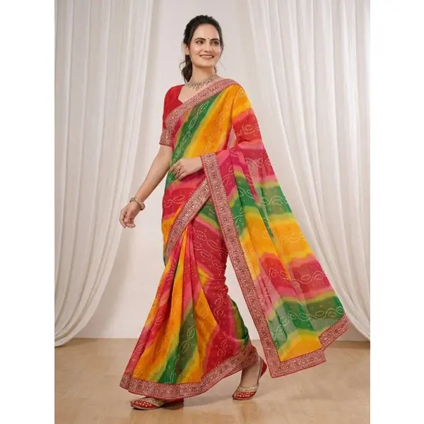 MODERN GEORGETTE DIGITAL PRINT WITH EMBROIDERY WORK BORDER SAREE WITH UNSTITCHED BLOUSE RED AND YELLOW