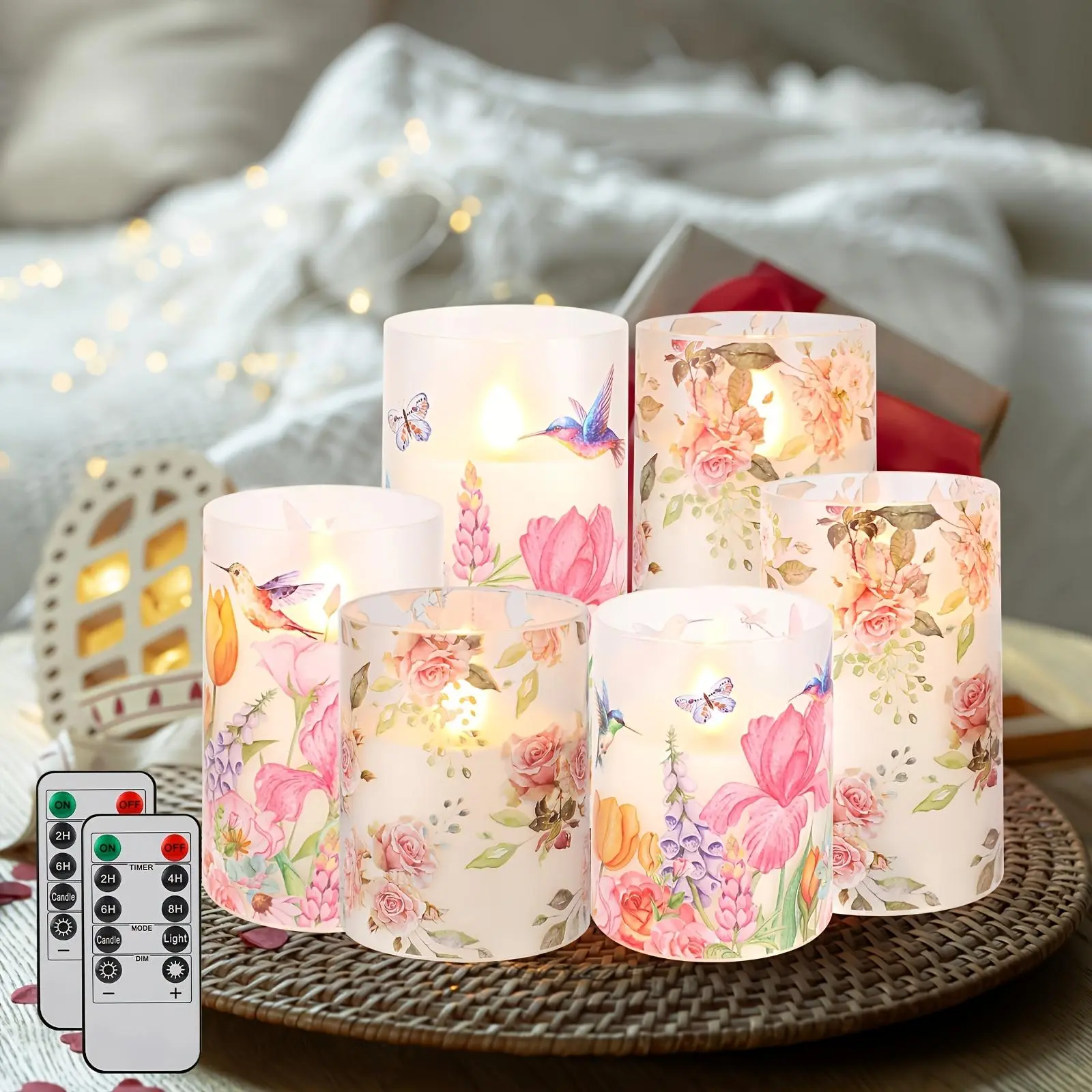 6Pieces Pink Flameless Candle Lights With Remote Control And Timer, Flora Flower Flickering Plastic Candle Lights, Love Theme Decorative Battery LED Pillar Candles Floral Table Decorations, Valentine's Day Home Decor Candle Lights, Father's Day Gift