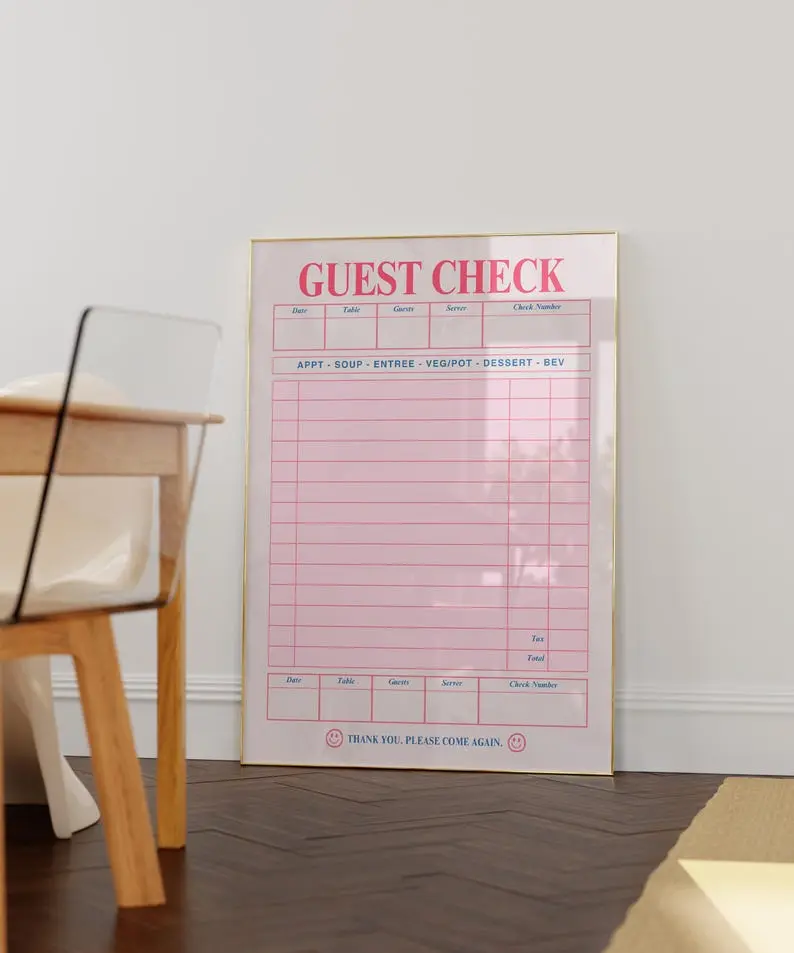 [UNFRAMED POSTER] Blank Guest Check Print – Pink Guest Check Poster, Retro Art Print , Vintage Style Guest Check, Blank Check Printable,Aesthetic Preppy Art