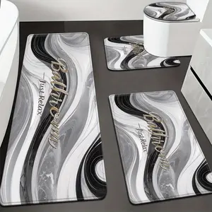 4-Piece Marble Pattern Bathroom Rug Set, Abstract Swirl Ink Fluid Art Bath Mat with "Just Relax" Print, Non-Slip Absorbent Bathroom Accessories with Toilet Lid Cover & U-Shaped Mat for Modern Bathroom Decor