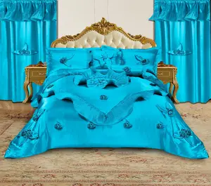 Blue Luxurious 7 Pcs Wedding Bedding Set
