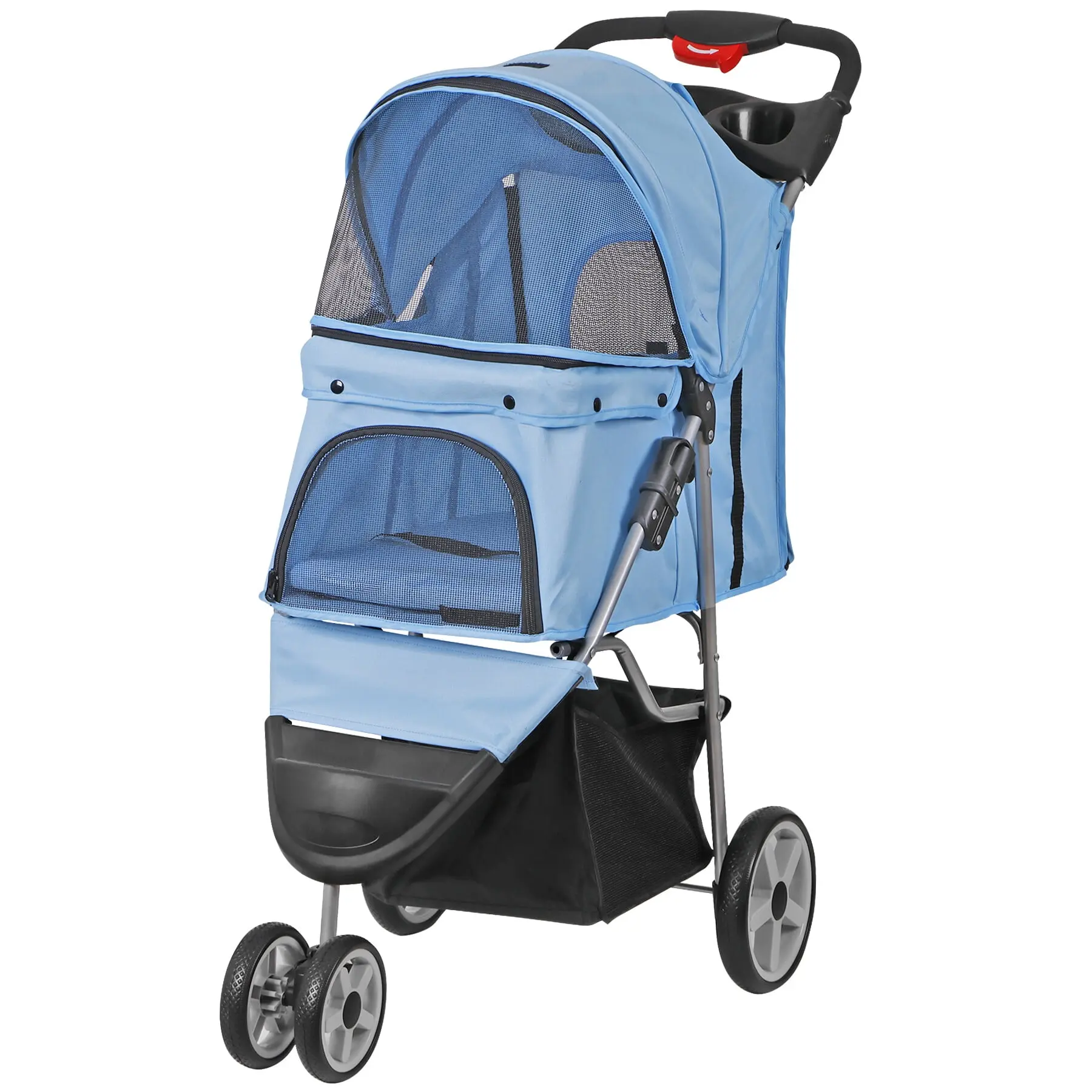Foldable 3-Wheel Pet Stroller Carrier for Dogs & Cats - Compact Stable Design, Built-in Cup Holder, Durable Fabric, Metal Frame, Safety Belt, Spacious Storage Basket, 10.7 lbs, Blue