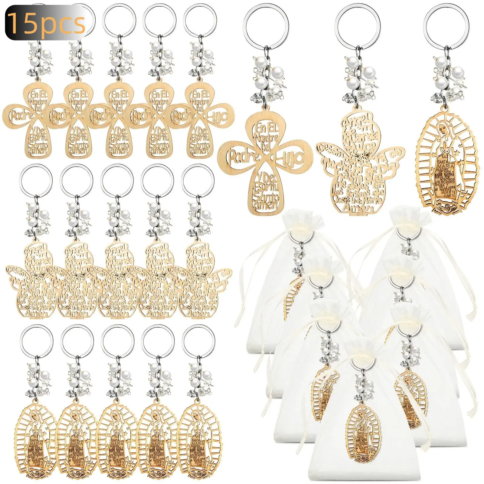15pcs Wooden Cross Keychains with White Organza Bags - Baptism Gift Ideas, Religious Motif Bautizo Party Favors, Cross Shape, With Organza Bag, Alloy Metal, Unisex