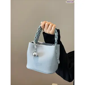 Women's Leather Bucket Handbag - Cute Woven Strap Top Handle Bag, Stylish Minimalist Shoulder Bag with Metal Ball Charm, Trendy Commuter Purse