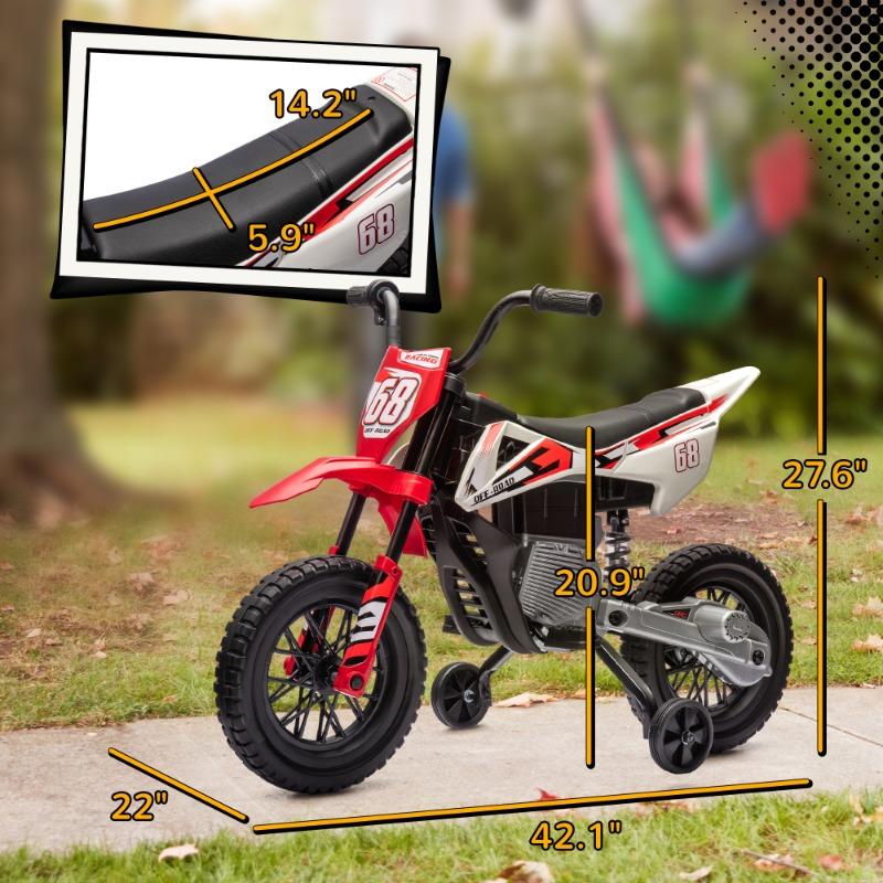 12V Red Kids Electric Dirt Bike with Twist Grip Throttle, Training Wheels, Rear Suspension & Music - Ages 3-6