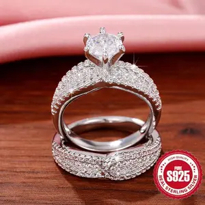 2-PieceSetof925SterlingSilverElegantRingwith6OneSpikes,SuitableasEngagementandWeddingJewelry,Unisex,PerfectGiftforLovers