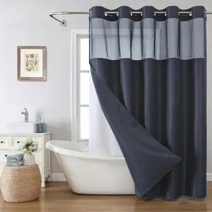 Stall No Hook Shower Curtain with Snap-in Fabric Liner Set,Waffle Weave Shower Curtains for Bathroom,Hotel Luxury Decor Bathroom Curtain Set, & Washable,Navy,54Wx80H