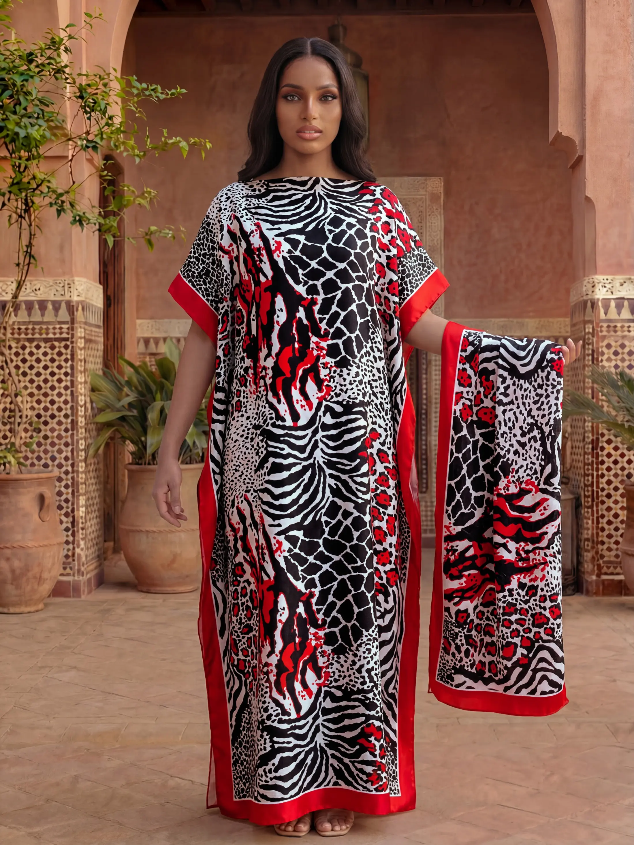 Elegant Leopard Print Two-Piece Set, Casual Cover-Up Dress & Silk Scarf Set, Sun Protection Matching Set for Beach, Fashion All-Season Accessory