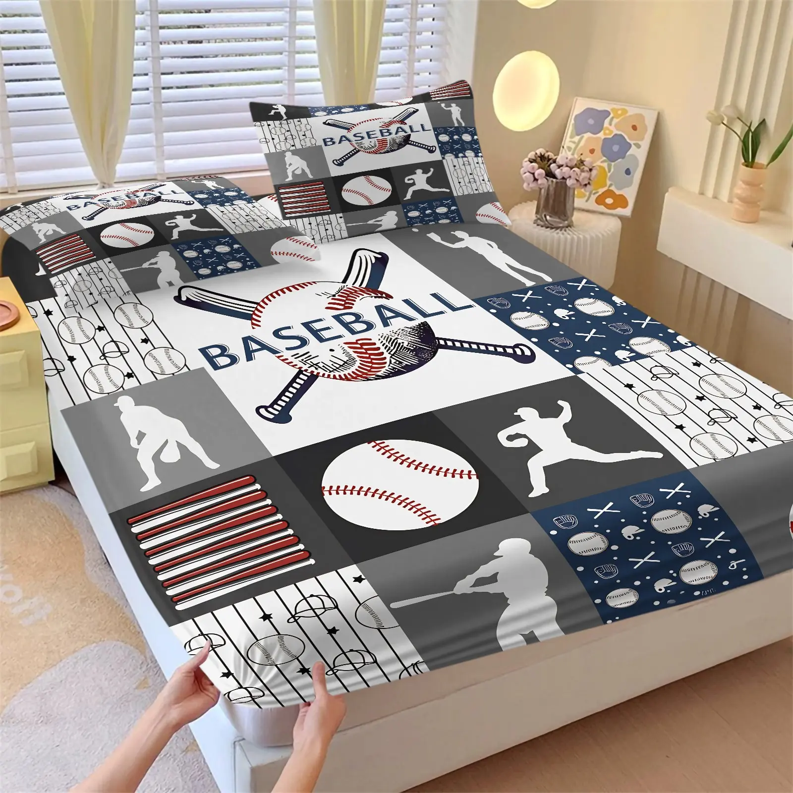 American Retro Baseball Patchwork Fitted Sheet Set & 2 Pillowcases No Core, Crossed Baseball Bat & Ball, Player Silhouette, Baseball Texture & Bat Stripes, Soft Anti-Slip Wrinkle Resistant, Retro Bedroom Decor Gift