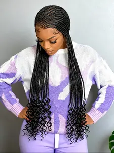 High-Quality HD Frontal Lace Single Layer Full Lace Braid Wig, Braided Wig, Fashionable Ditch Weave Hair End Wave Style, Synthetic Wavy Hair, Breathable Unique Design, Stylish Wear, Synthetic Curly Wig
