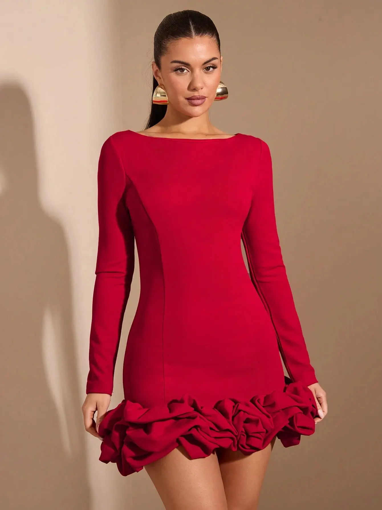 sachin and babi light blue dress Glamorous High Neck Long Sleeve Red Prom Dress Long with Split main image 0