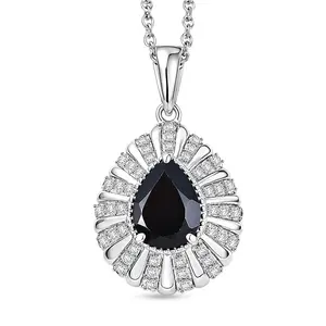 Black Spinel and White Zircon 2.75 ctw Midnight Crown Pendant in Platinum Plated with Stainless Steel Necklace 20 Inches