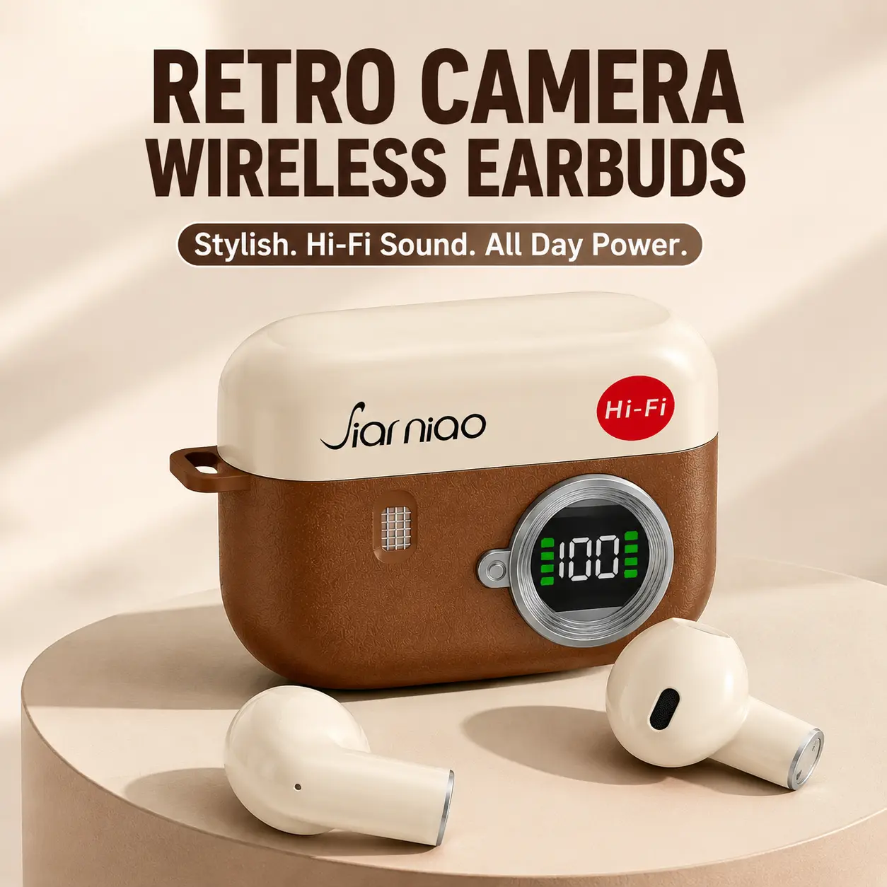 Aesthetic In-Ear Retro Camera Wireless Earbuds, Bluetooth 5.4, ENC Noise Cancelling ENC Filter, LED Digital Display, HiFi Plastic Earphones, Long Battery Life for Sports & Daily Use, Compatible with Cellphones