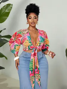 Plus Size Women's Tropical Lace-Up Short Top Blouse, V-Neck Lantern Sleeve Design, Retro American Style, Perfect for Vacation & Dates