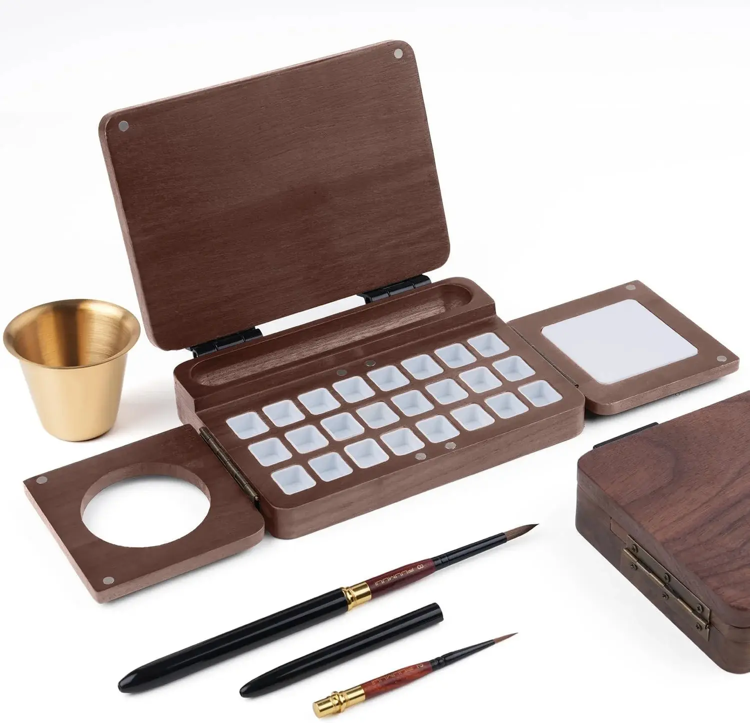Fuumuui Portable 24-Grid Foldable Walnut Wood Watercolor Paint Set, with 2 Sable Travel Watercolor Brushes, Office & Artist Art Supplies, Paint Storage