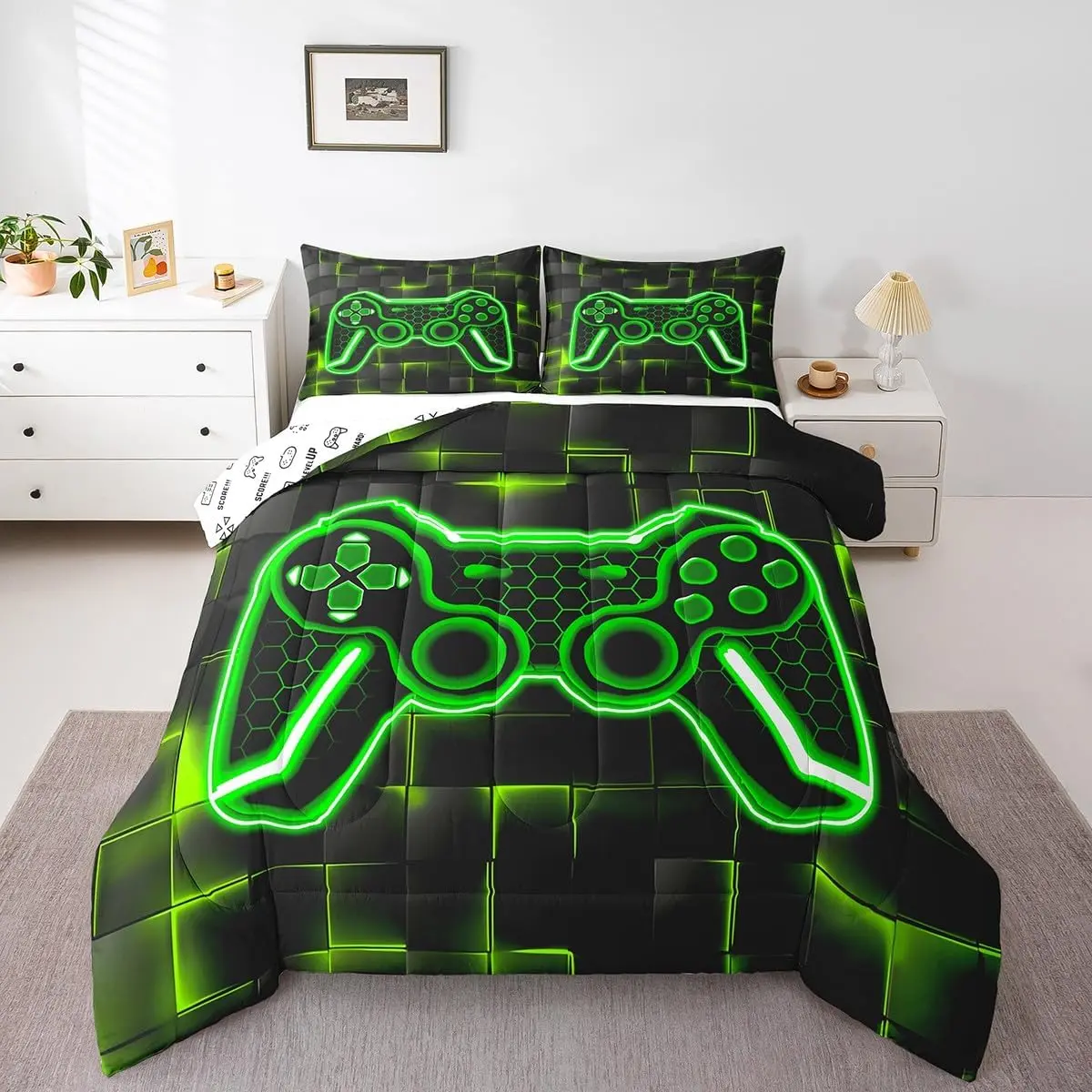 Feelyou Modern Gamer Microfiber Duvet Cover Sets - Super-Soft Green and Black Decorative Bedding, Digital-Print Geometric Squares Ombre Design, Machine-Washable, Multi-Size Options