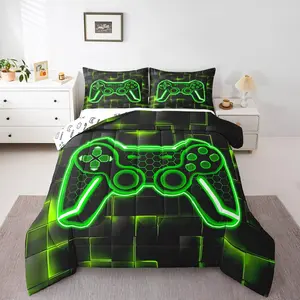 Gamer Designer Comforter Set,Green and Black Luxury Bedding Set,Decor Gaming Ombre Comforter,Geometric Square Super Soft Microfiber Duvet Set