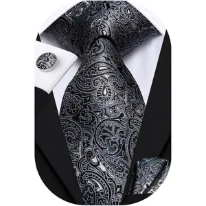 Hi-Tie Silk Ties for Men Plaid Paisley Striped Necktie Pocket Square Cufflinks Set Formal Business