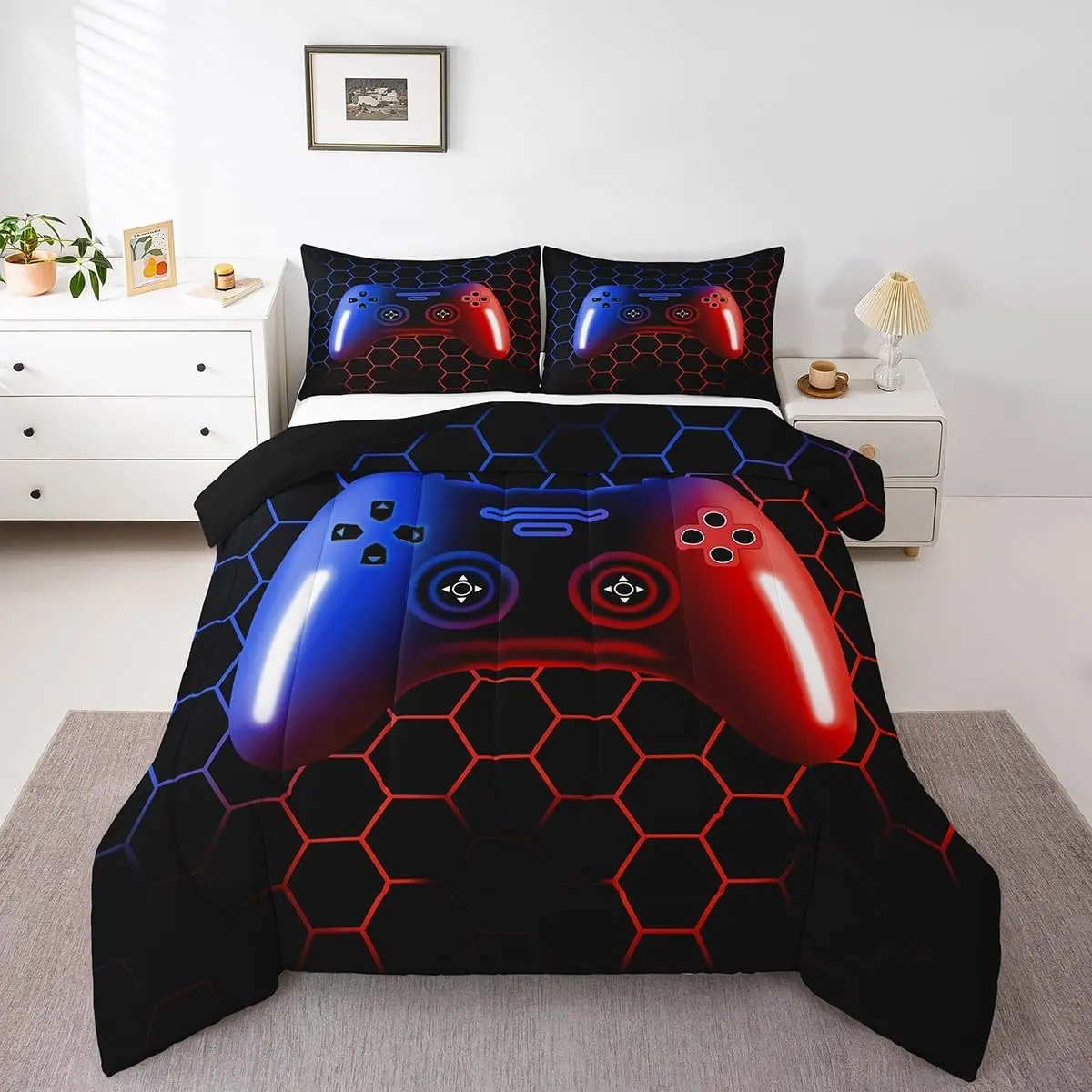 Feelyou Blue and Red Microfiber Gaming Bedding Set - Skin-Friendly, Soft, Lightweight Game Console & Controller Comforter Set with Duvet Insert, Microfiber Bedding Set, Skin Friendly Blanket