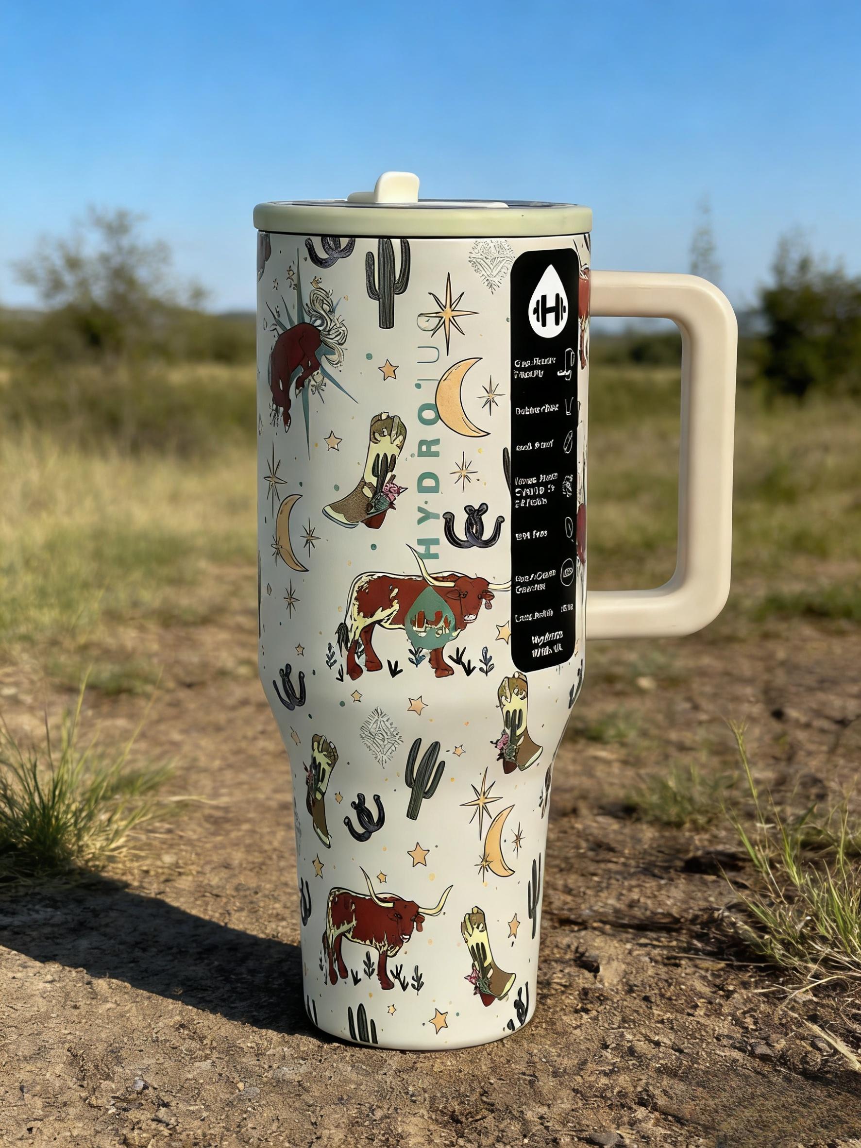 HydroJug 40oz Western Cowboy Tumbler with Handle Insulated Stainless Steel Cup Leakproof Lid Retro Desert Cattle Design Portable Drinkware Flasks Mug Bottles Water Bottles frozen drink glitter toddler gym can Engine-Themed Double-Walled bartender pink
