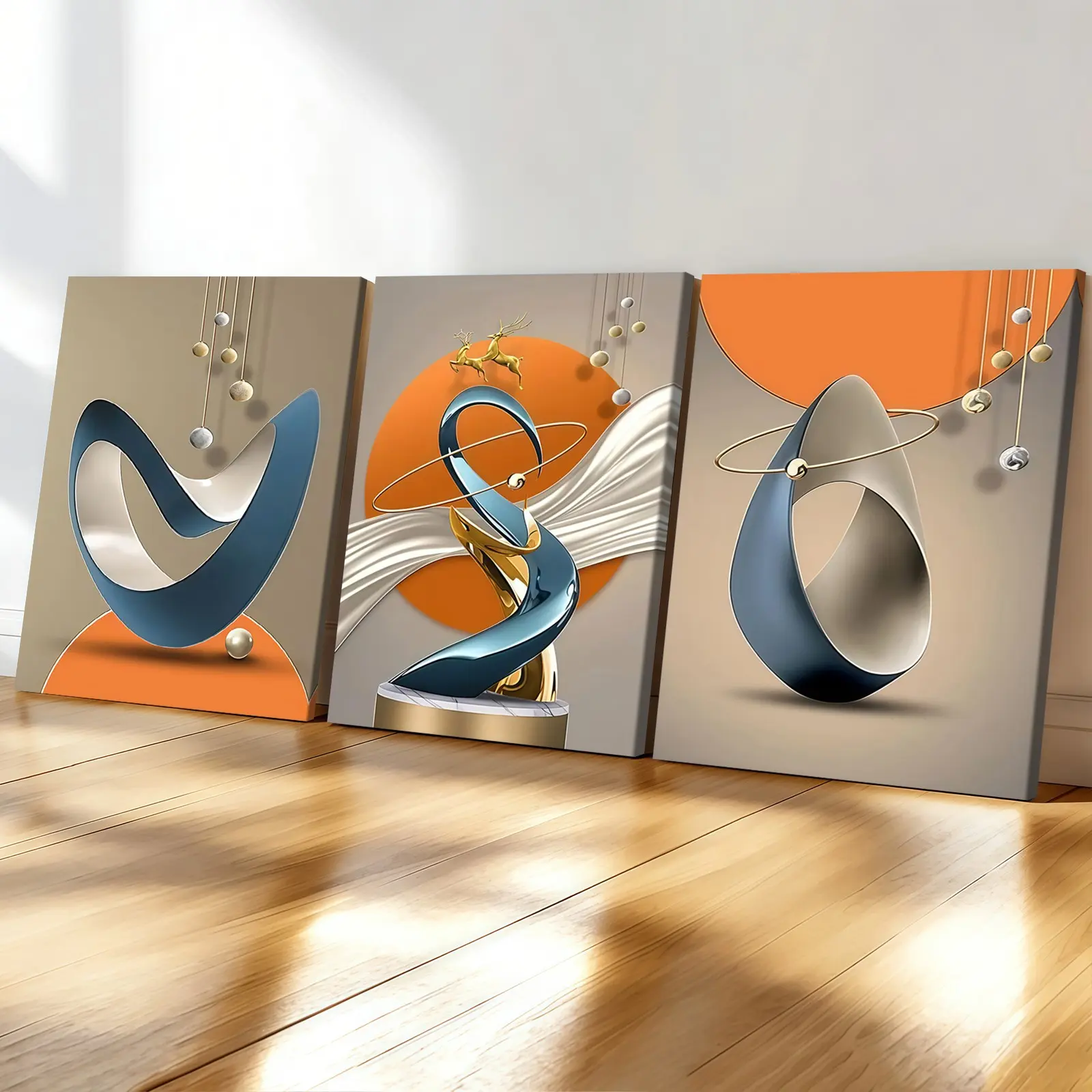 3-count wooden-framed canvas, Decorative artwork, light luxury metal abstract elk art poster, hanging wall art, modern art living room wall decoration, family poster, Artistic Indoor Decoration, suitable for bedrooms, offices, corridor art