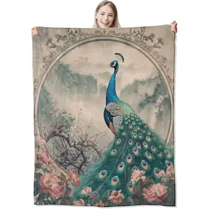 Elegant Peacock Flannel Throw Blanket 50x60 Inch, Retro Oriental Art with Flower and Mountain Landscape Blankets Soft Cozy Flannel Throws for Nature Lover Bed Sofa Dorm Living Room Decor Gifts